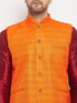 Vastramay Men's Orange Matka Silk Nehru Jacket With Maroon Silk Blend Kurta and Pant style Pyjama Set